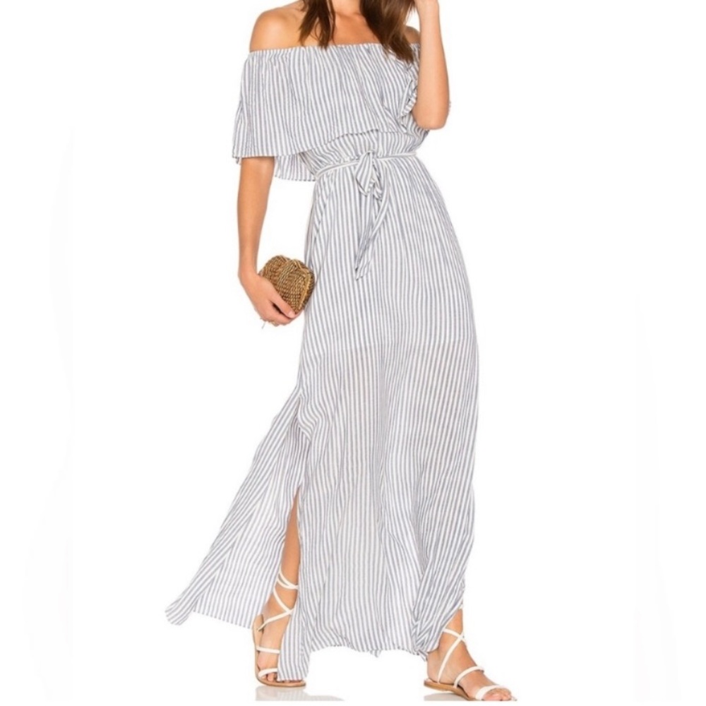 Alice and Olivia Grazi Off The Shoulder Blue and White Striped Maxi Dress Size 0